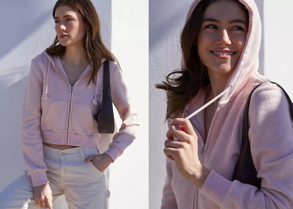 Brandy Melville Rosa Pálido Recortado Cremallera Sudadera con Capucha Talla Única Foto 2 de 2