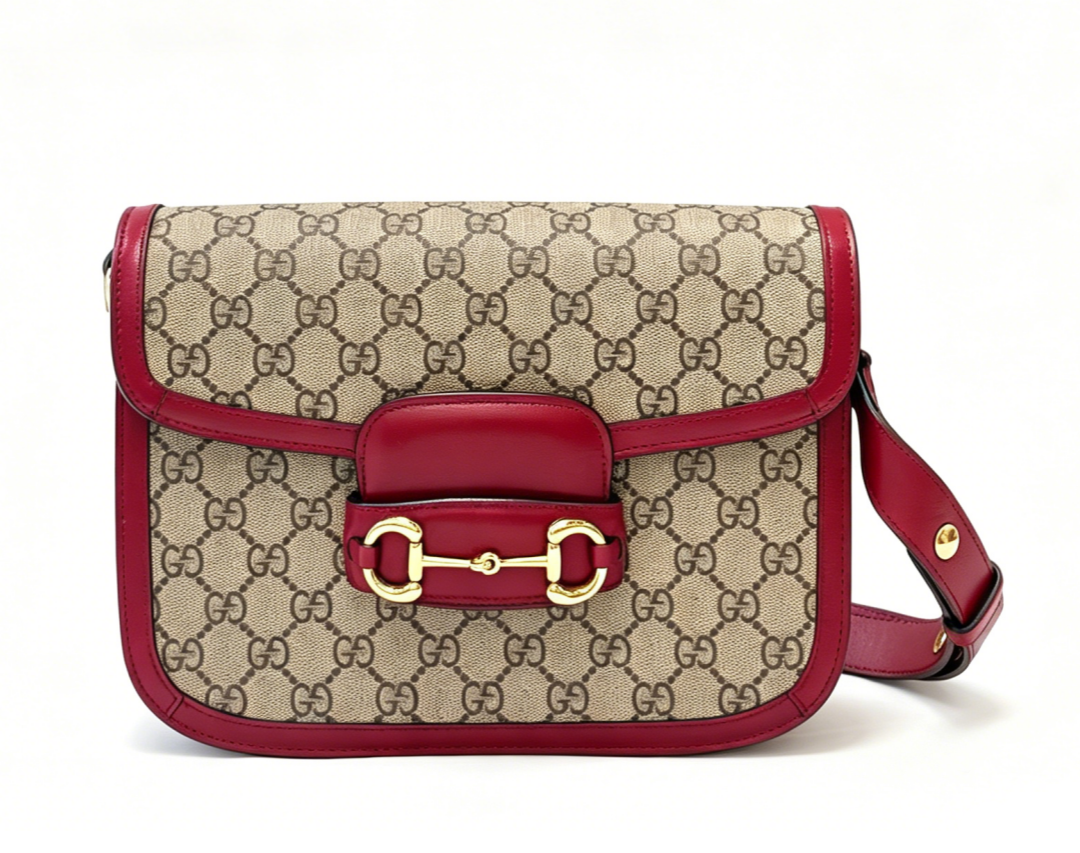 Gucci GG Supreme Horsebit 1955 Beige Canvas Red Leather Trim Shoulder Bag AUTH
