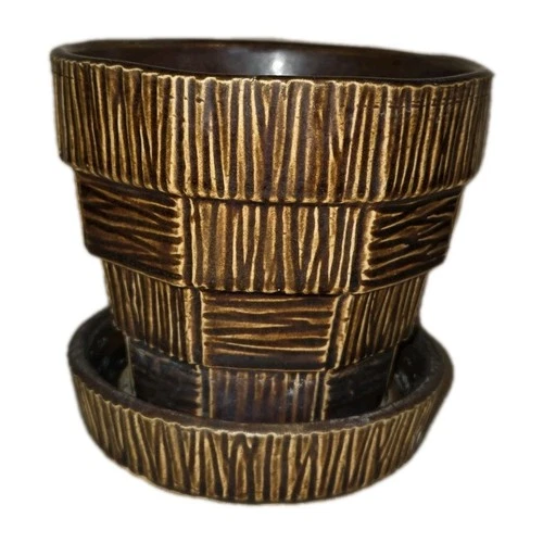 Vintage McCoy USA Brown Basketweave Pottery Planter/Flower Pot 5 inches tall VG