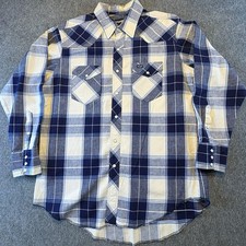VTG Wrangler Shirt Mens 17.5x 34 Plaid Cowboy Cut X-Long Tails Pearl Snap USA