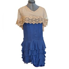 Antique Vintage 1920s 30s Sapphire Blue Crepe  Lace Flapper Dress Rare