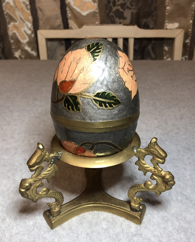 Vtg Brass Cloisonne Enamel Handpainted Egg And Brass Tri-Stand Trinket Box India