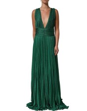 Dolce & Gabbana Metallic Green Sleeveless Plissé Gown Women's Dress