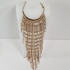 Gold Tone Faux Pearl Fringe Bib Necklace Boho Beaded Statement Jewelry Long