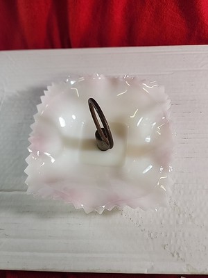 Vintage Handled Milk Glass Candy Dish. Ruffeled Edge With Slight Opaque Red...