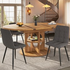 Extendable Dining Table 110-150 cm Round to Oval & 4 Grey Chairs Set Dark Oak