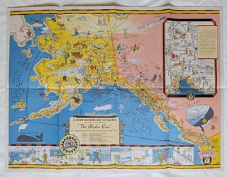 Antique 1934 "A Good Natured Map of Alaska" Pictorial Map The Alaska Line Camy