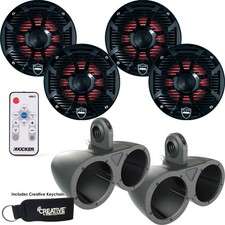 Wet Sounds REVO6-SWB Black 6.5" LED Speakers in Black Towers KMLC LED Remote
