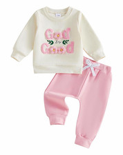 Girls 6-12M 2pc Outfit Set White Sweatshirt Pink Pants Embroidered Fleece