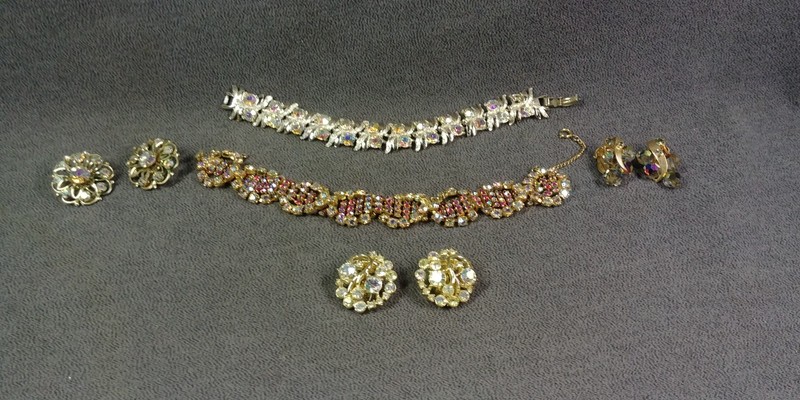 5 Aurora Borealis Rhinestone Art Bracelet Earrings Vintage Jewelry Lot