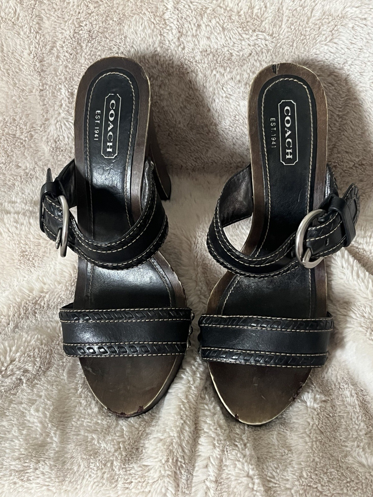 Coach Chrissy Black Leather Wooden Platform Sandal Heel Size 8 1/2 Vintage Y2K