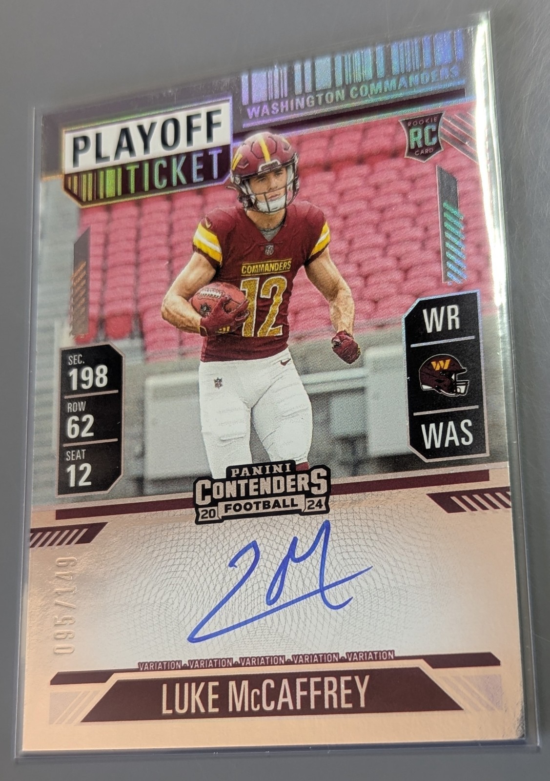 2024 Panini Contenders Luke McCaffrey, Playoff Ticket Variation, AUTO, RC, #/149