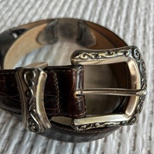 Vintage 1994 Brighton Belt Womens L Brown Textured Leather Silver Buckle Heavy