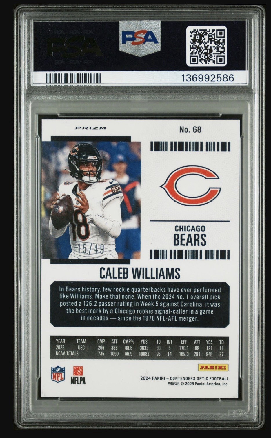 2024 Contenders Optic Caleb Williams Green Pulsar RC Ticket #/49 PSA 9 Mint #68 view 2