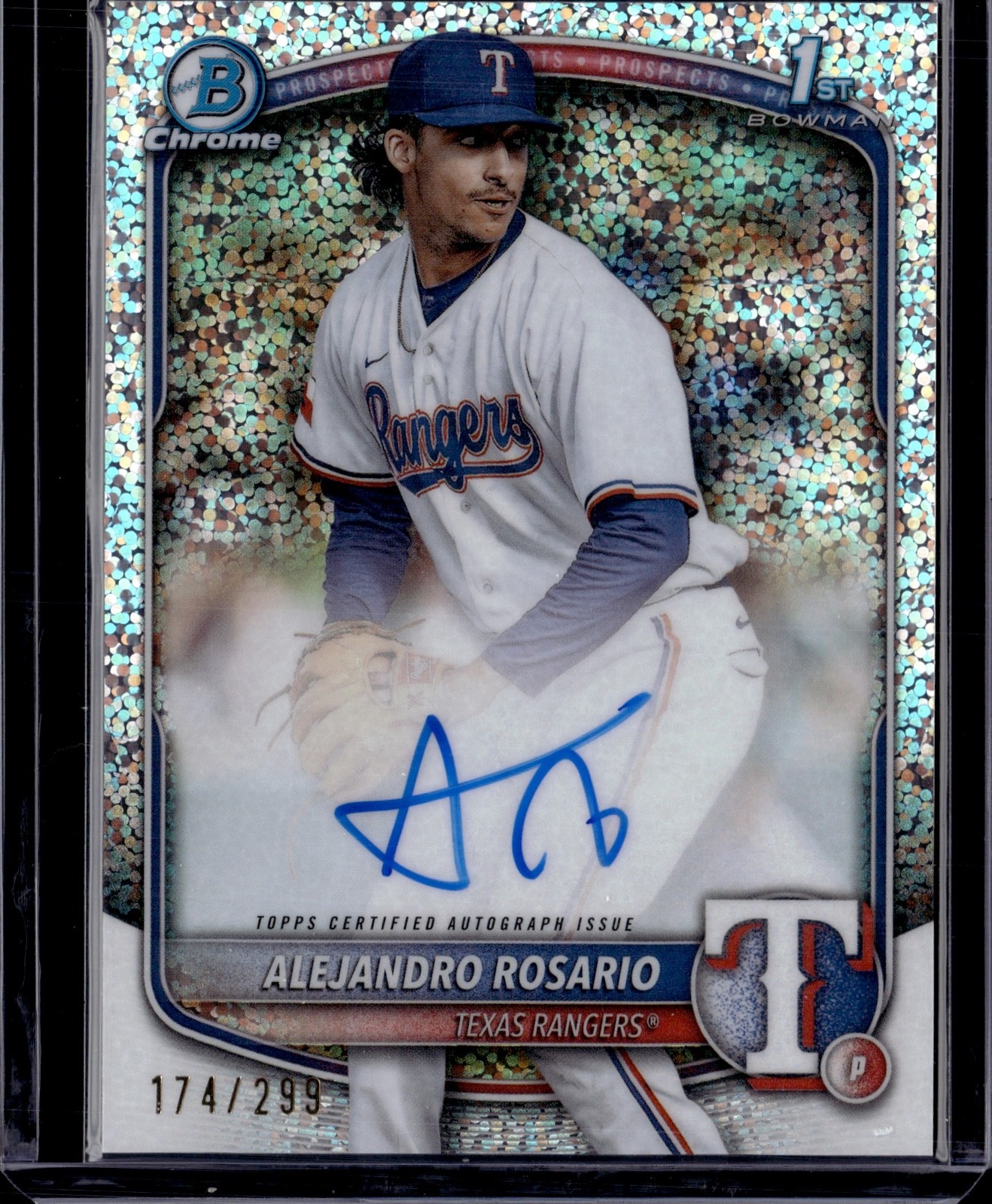 2025 Bowman Chrome Alejandro Rosario 1st Bowman Speckle Refractor Auto 174/299