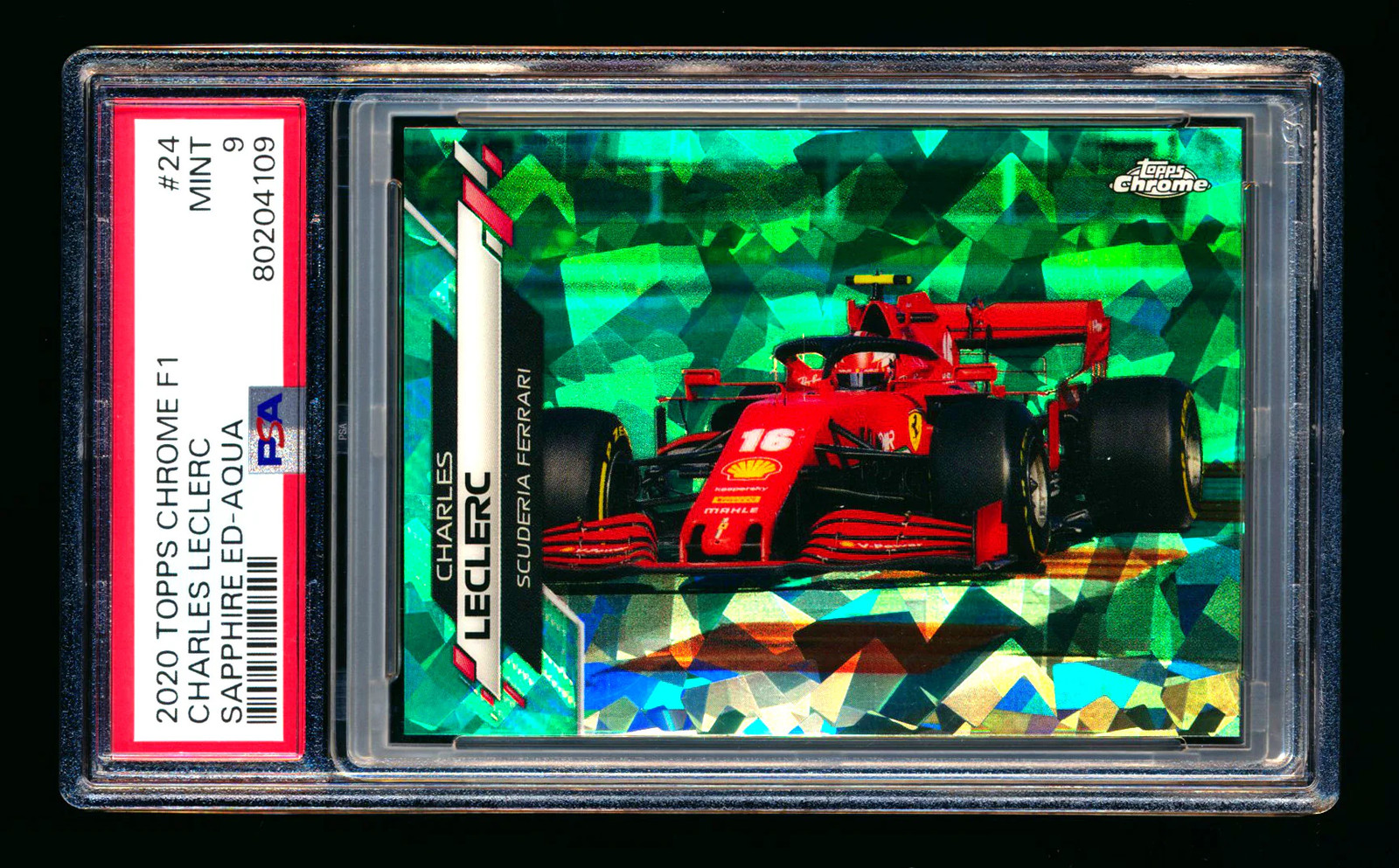 2020 Topps Chrome Sapphire F1 #24 Charles Leclerc RC Aqua Refractor #75/99 PSA 9