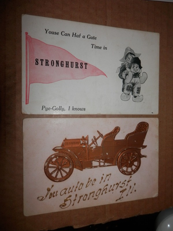 STRONGHURST IL - THREE 1908-1912 POSTCARDS - PENNANT - DUTCH KIDS - AUTO GREET