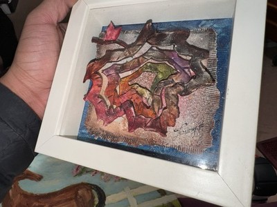 Framed Mixed-Media 3D Shadowbox Leaf & Bird Artwork Excellently Crafted & Signed
