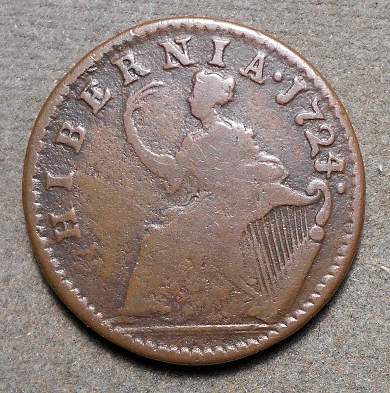 E086 Wood’s Hibernia 1724 Halfpenny, copper, 26mm