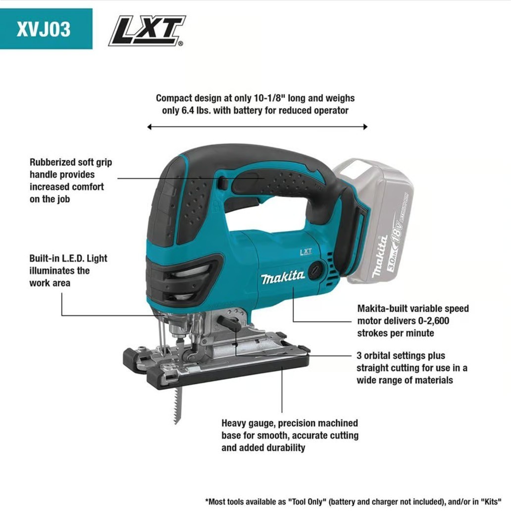 Makita Jig Saw XVJ03Z 18V LXT Cordless Jigsaw Tool-Less Blade Change 18 Volt