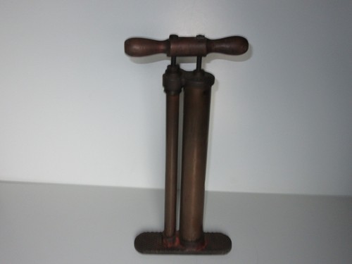 OLD BRIDGEPORT DOUBLE BARREL BRASS TIRE PUMP WITH WOOD HANDLE & STEEL BASE 16"