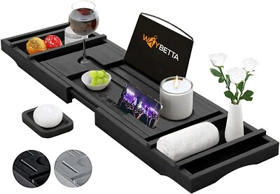 Bamboo Extendable Bath Tub Caddy Tray Bathtub Storage Shelf Wine Tablet Holder