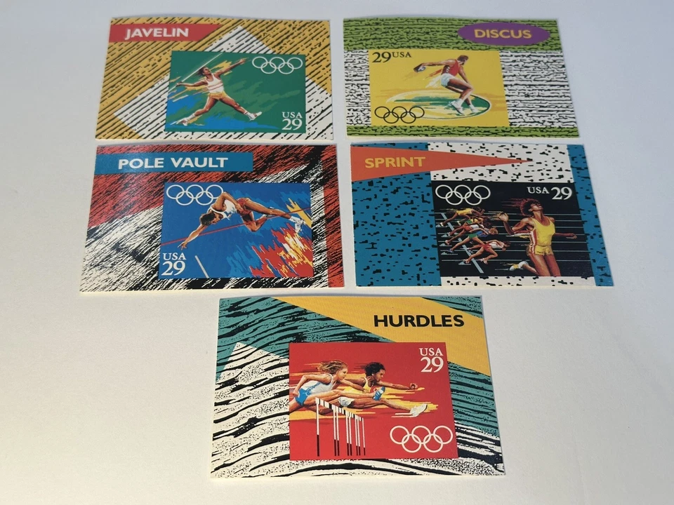 Set of (5) USPS First Day Issue July 12, 1991 Olympics Sports Stamp Stats Cards - Image 2 of 4