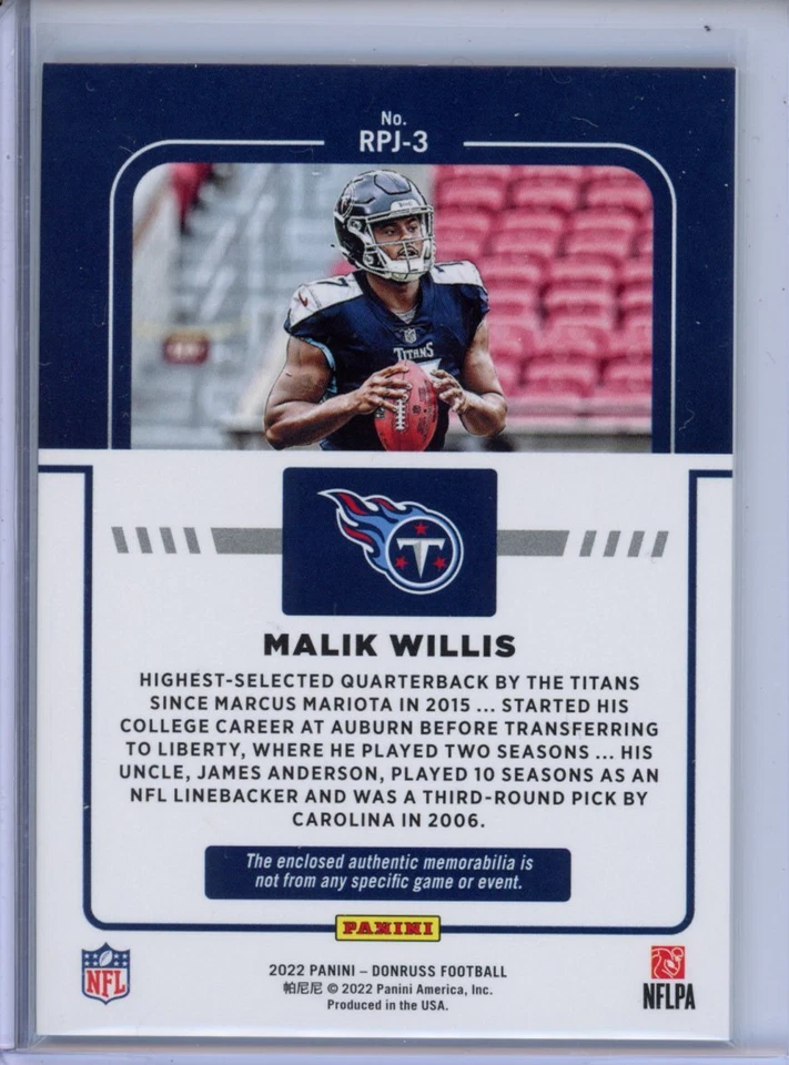 2022  Donruss #RPJ-3 Malik Willis Rookie Phenom Jersey - Image 2 of 2