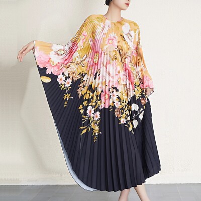 Colored Floral Classy and unique latest vintage Pliss pleated Loose dress  V nec | eBay