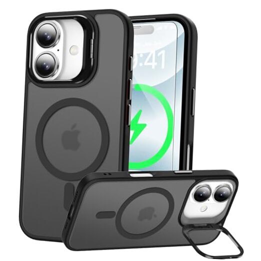 Magnetic iPhone 16 Case 6.1 Inch Black with Camera Kickstand