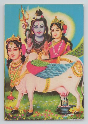 c.1990 Kamadhenu Cow Surabhi Devi Parvati Hindu Hinduism Art Postcard VTG Jain