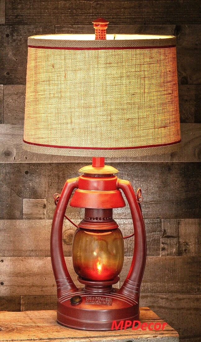 Vintage Style Red Lantern Table Lamp Flicker Night Light Rustic Cabin Camp  ~ New