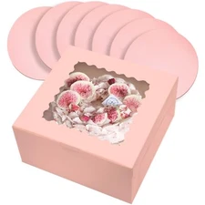10x10x5 Cake Box 18 Sets Pink Cake Box with Window ＆ 18 Sets 10" Pink Cake Ro...