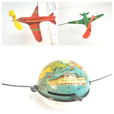 Niedermeier Airplanes Circling Globe WESTERN GERMANY Tin Litho Windup Toy -WORKS
