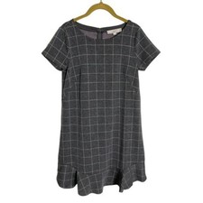 Loft Gray Grid Plaid Drop Ruffle Hem Academia Dress 0