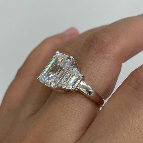 4Ct F-VS1 Emerald Cut Lab Grown Diamond 3 Stone Engagement Ring 14K White Gold - Picture 6 of 6