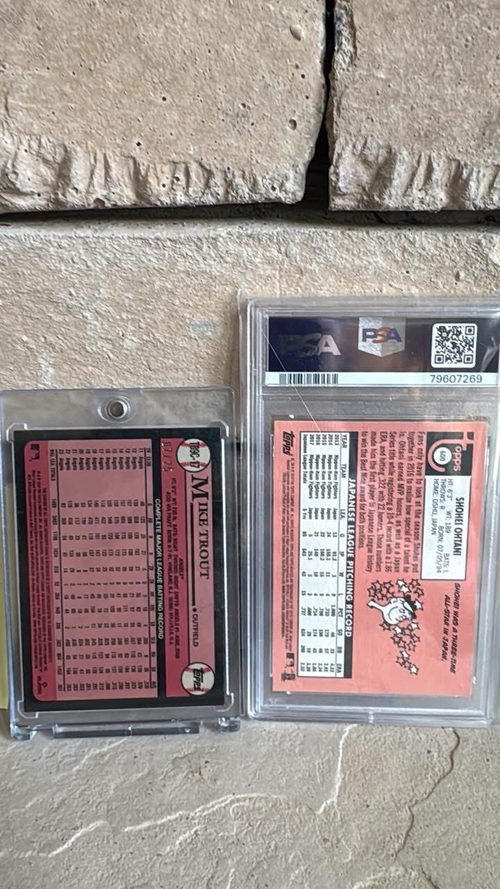 2018 Topps Heritage Shohei Ohtani & 2024 Topps Chrome Mike Trout Auto /25 view 3