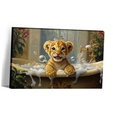 Lion Bathroom Canvas Art Wall Decor Framed Cute Cub in 18L" x 12W" Baby Lion