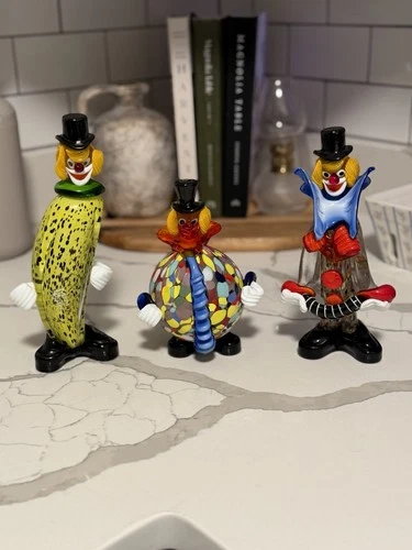 Vintage Murano Multi Colored Art Glass Clown Figurines Italy Hand Blown Set Of 2