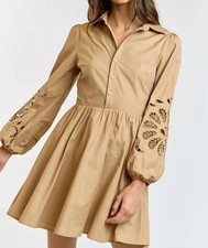 Lalavon Floral Button Up Flared Mini Dress Beige