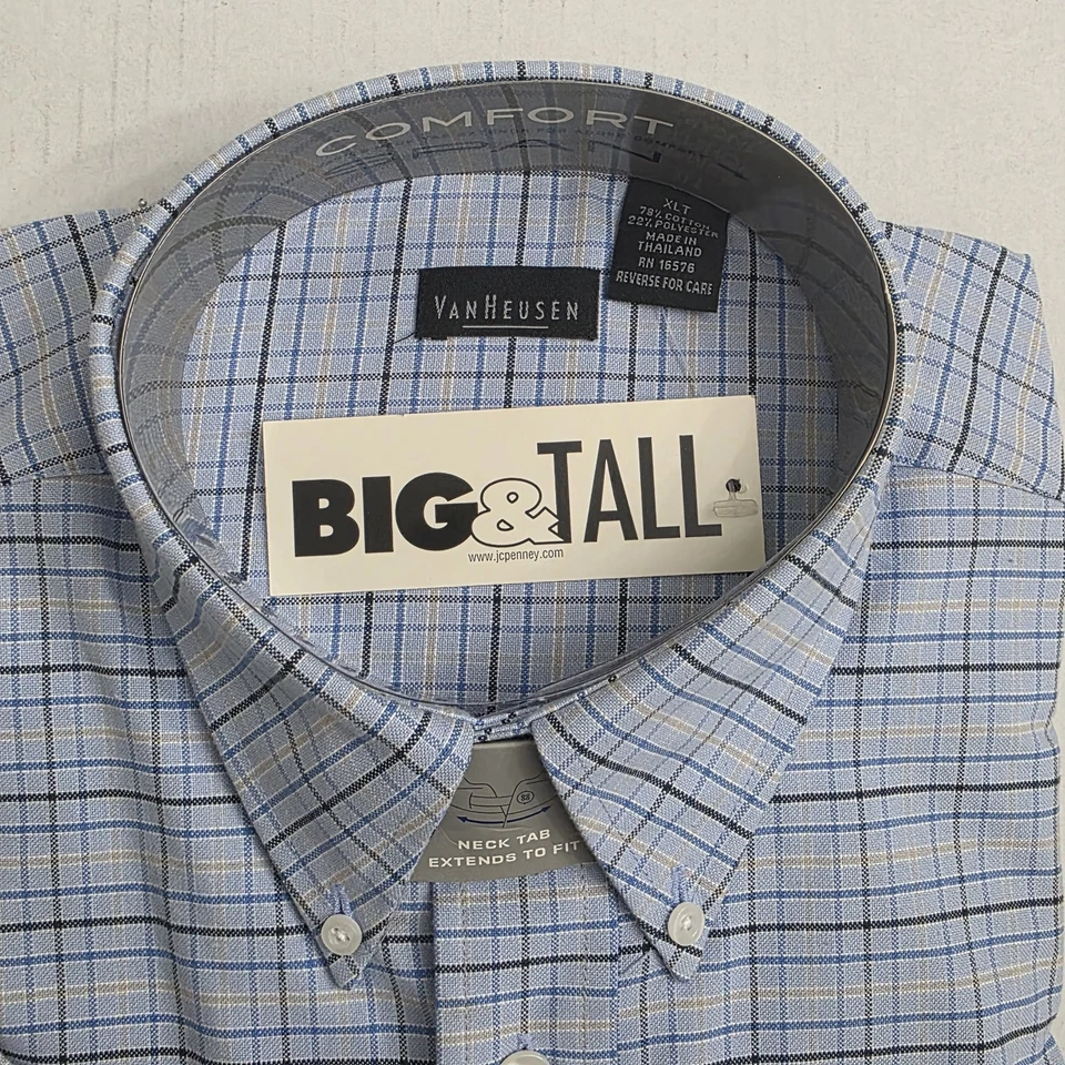 Vintage Van Heusen Shirt Mens XLT Big Tall Blue Plaid Short Sleeve Wrinkle Free - Image 2 of 4