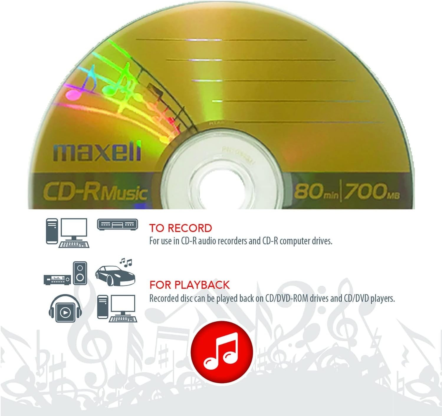 Maxell CD-R Music Spindle, Audio Only, Blank Media, 50-Pk(625156), 700MB/80 Min
