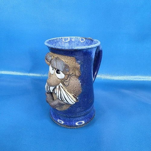 Vintage Ugly 3D Mustache Face Tall Mug Stein Stupid Pottery Blue Stoneware Sign