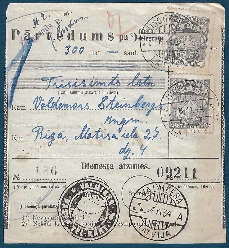 LATVIA: 1934 Money Transfer from UNGURPILS, Small Place w/VALMIERA & Notation