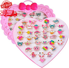 36Pcs Children Kids Little Girl Adjustable Jewelry Rings in Box Girl Pretend Pla