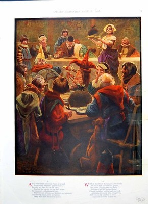 Antiker alter Druck Ankunft Pflaumenpudding Fest Farbe Rodeln auf Eis 1916