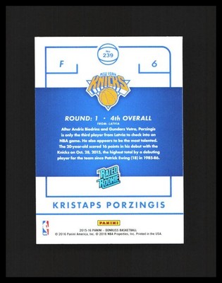 クリスタプス　ポージンギス　バスケットボールカード 2015-16 Kristaps Porzingis Rookie Card Panini Donruss #239 Knicks