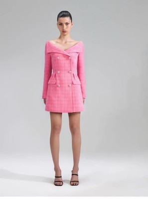 Self-Portrait Pink Tweed Boucle Diamante Long-Sleeve Mini Dress with Front  Slit | eBay