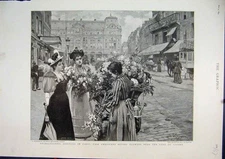 Original Old Antique Print American Women Buying Flowers Gare St. Lazare 1895