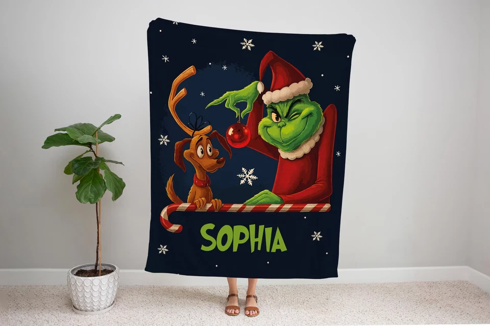 Personalized Grinch Christmas Blanket: Cartoon Fleece - Image 3 of 3